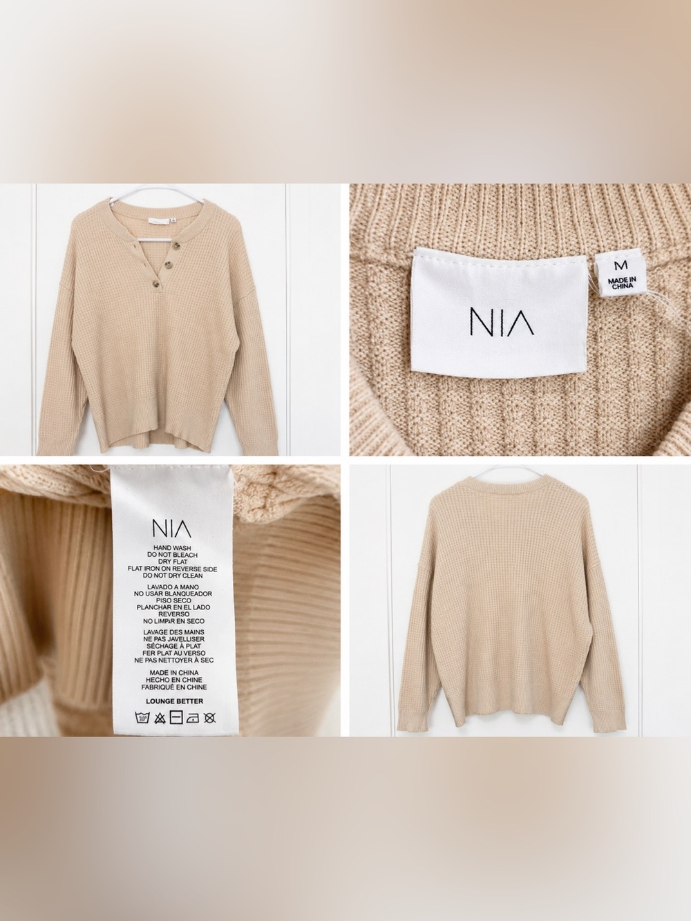 Nia- Women's Beige V-Neck Waffle Knit Sweater